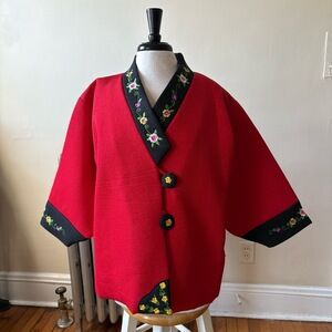 Red Kimono Style Lightweight Jacket Floral Embroidery Two Buttons One Size